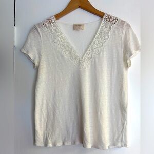 Sezane Elea Linen Cream Colored Tee with Crochet Lace Neckline, Med